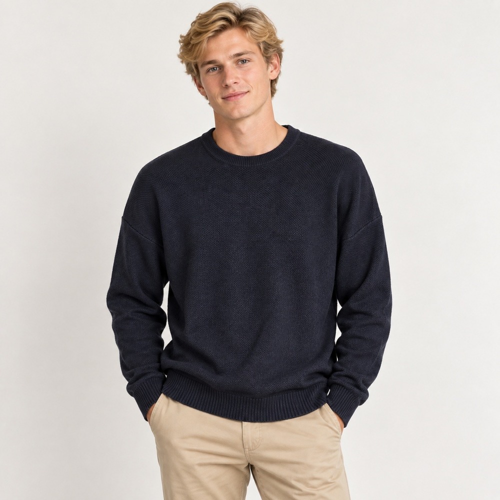 Zara Men's Navy Sweater Textured Knit Cotton Minimalist Classic Size L